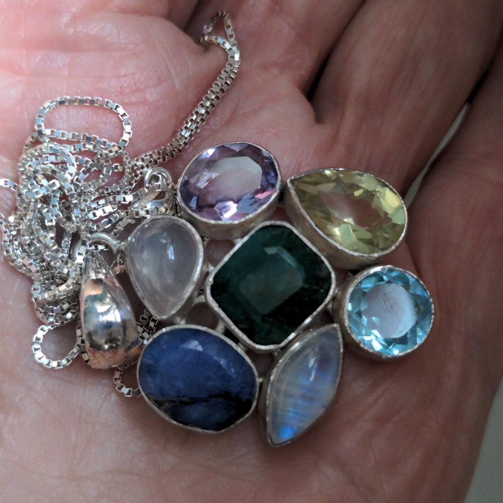 New Multi-Stone Sterling Silver Pendant Necklace, Amethyst, Topaz, Citrine,  Box